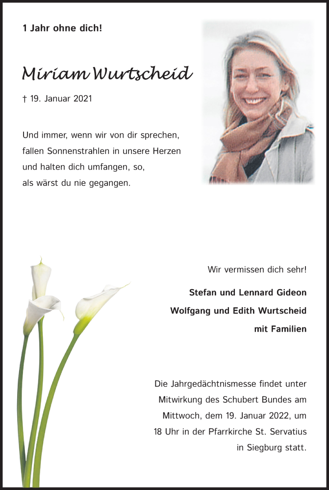 Traueranzeige für Miriam Wurtscheid vom 15.01.2022 aus Kölner Stadt-Anzeiger / Kölnische Rundschau / Express