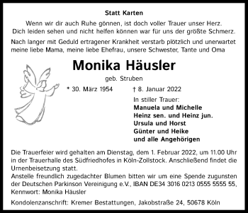 Anzeige von Monika Häusler von Kölner Stadt-Anzeiger / Kölnische Rundschau / Express
