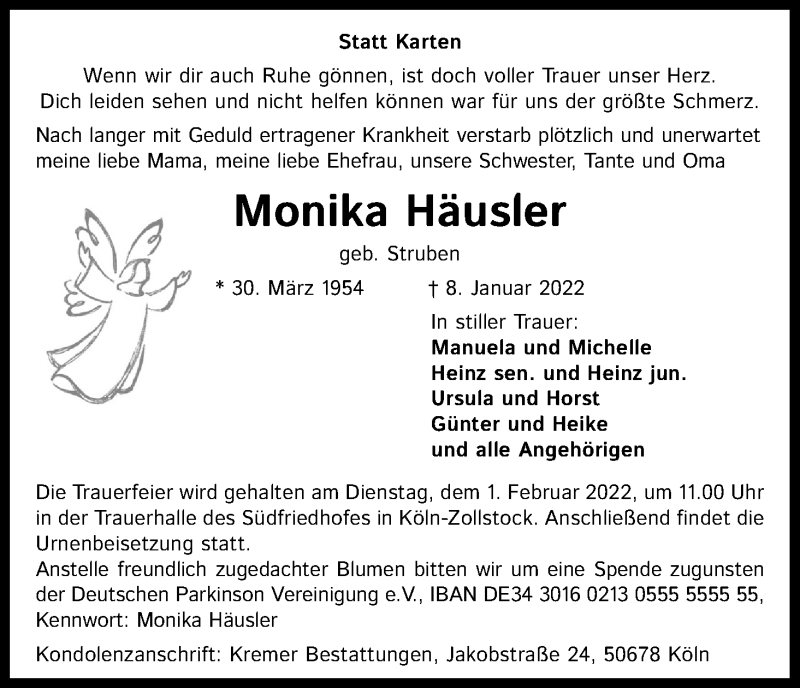  Traueranzeige für Monika Häusler vom 26.01.2022 aus Kölner Stadt-Anzeiger / Kölnische Rundschau / Express