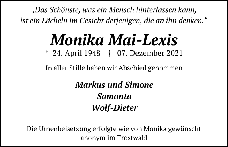  Traueranzeige für Monika Mai-Lexis vom 15.01.2022 aus Kölner Stadt-Anzeiger / Kölnische Rundschau / Express