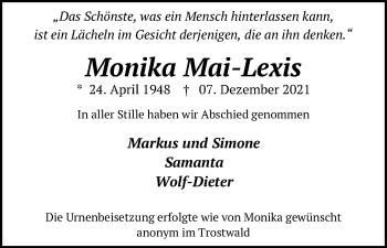 Anzeige von Monika Mai-Lexis von Kölner Stadt-Anzeiger / Kölnische Rundschau / Express