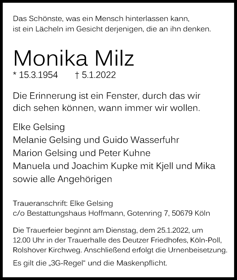  Traueranzeige für Monika Milz vom 22.01.2022 aus Kölner Stadt-Anzeiger / Kölnische Rundschau / Express