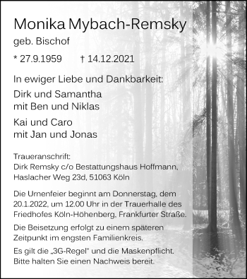 Anzeige von Monika Mybach-Remsky von Kölner Stadt-Anzeiger / Kölnische Rundschau / Express