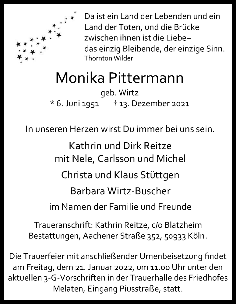  Traueranzeige für Monika Pittermann vom 15.01.2022 aus Kölner Stadt-Anzeiger / Kölnische Rundschau / Express