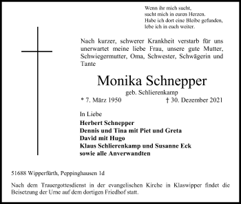 Anzeige von Monika Schnepper von Kölner Stadt-Anzeiger / Kölnische Rundschau / Express