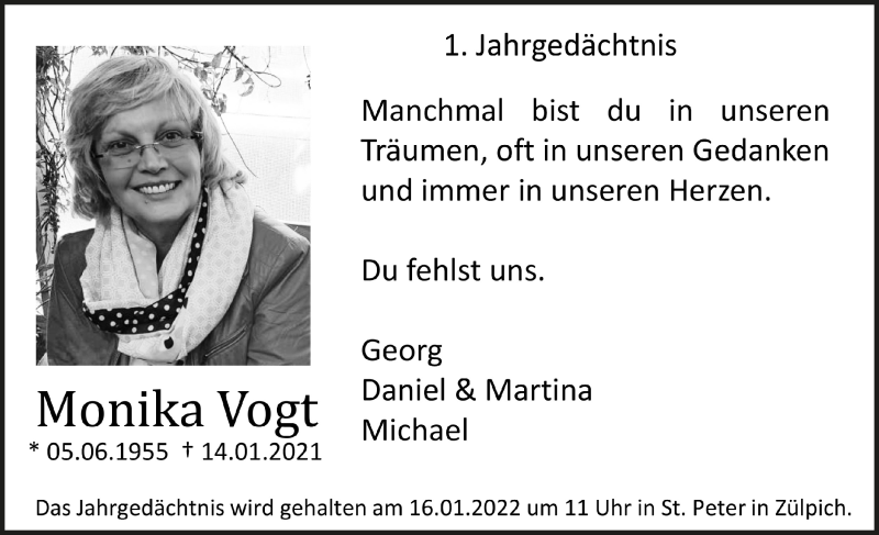  Traueranzeige für Monika Vogt vom 15.01.2022 aus  Blickpunkt Euskirchen 