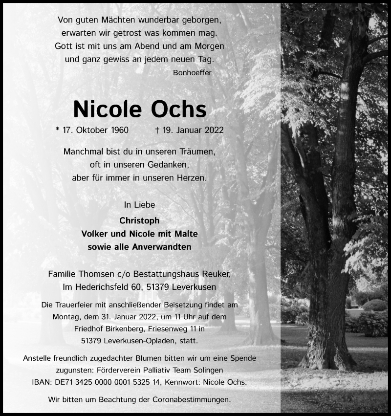  Traueranzeige für Nicole Ochs vom 26.01.2022 aus Kölner Stadt-Anzeiger / Kölnische Rundschau / Express