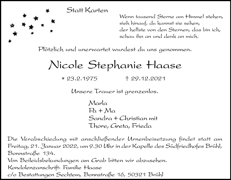  Traueranzeige für Nicole Stephanie Haase vom 15.01.2022 aus Kölner Stadt-Anzeiger / Kölnische Rundschau / Express