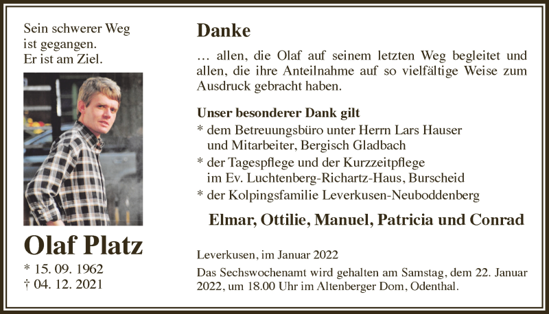  Traueranzeige für Olaf Platz vom 07.01.2022 aus  Bergisches Handelsblatt  Lokale Informationen 