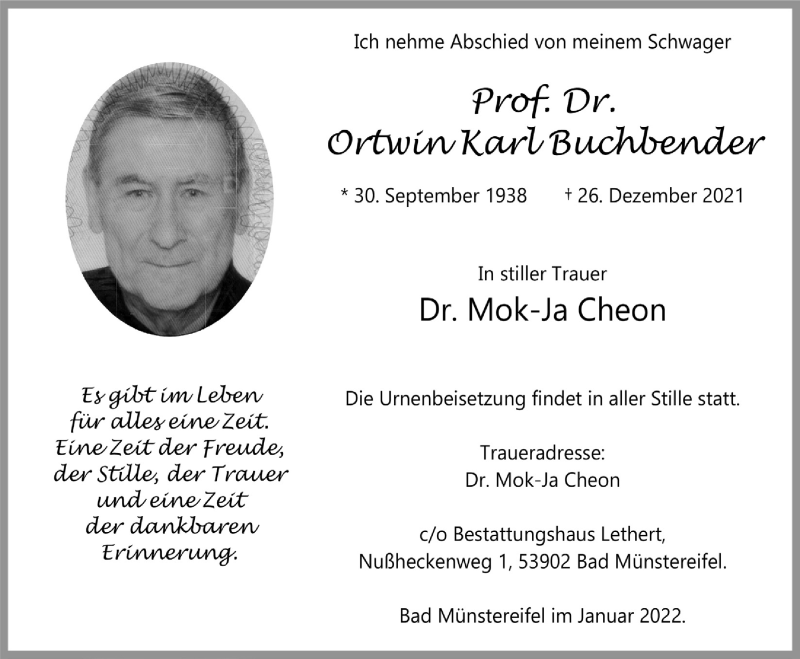  Traueranzeige für Ortwin Karl Buchbender vom 08.01.2022 aus  Blickpunkt Euskirchen 