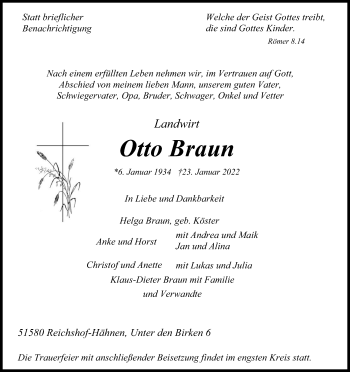 Anzeige von Otto Braun von Kölner Stadt-Anzeiger / Kölnische Rundschau / Express