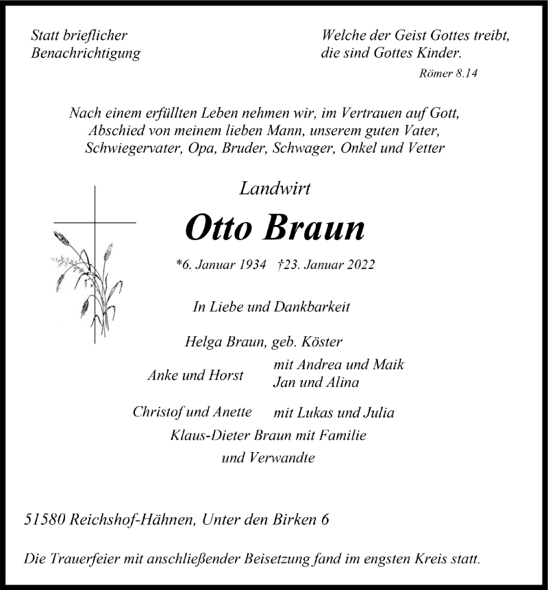  Traueranzeige für Otto Braun vom 28.01.2022 aus  Anzeigen Echo 