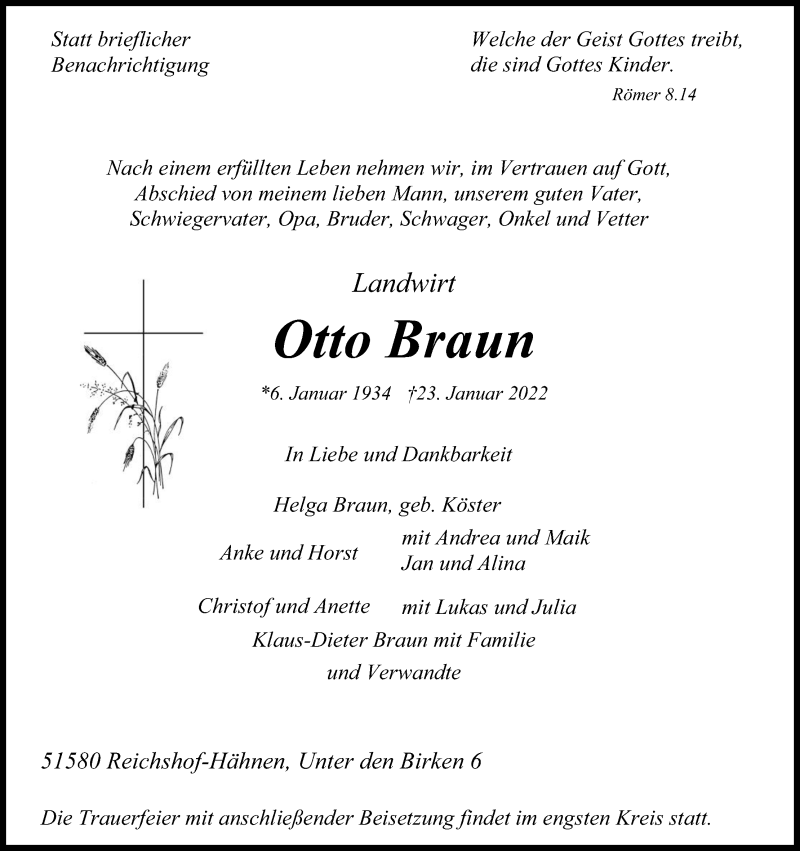 Traueranzeige für Otto Braun vom 26.01.2022 aus Kölner Stadt-Anzeiger / Kölnische Rundschau / Express