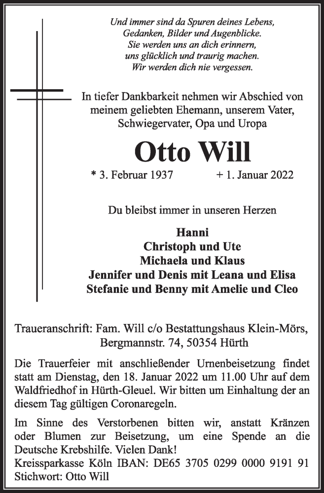  Traueranzeige für Otto Will vom 14.01.2022 aus  Wochenende 