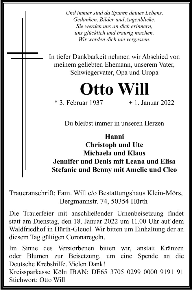  Traueranzeige für Otto Will vom 15.01.2022 aus Kölner Stadt-Anzeiger / Kölnische Rundschau / Express