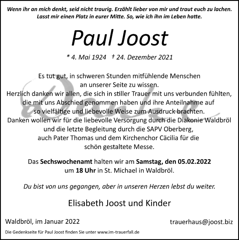  Traueranzeige für Paul Joost vom 28.01.2022 aus  Lokalanzeiger 