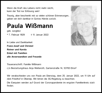 Anzeige von Paula Wißmann von Kölner Stadt-Anzeiger / Kölnische Rundschau / Express