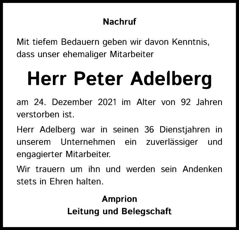  Traueranzeige für Peter Adelberg vom 11.01.2022 aus Kölner Stadt-Anzeiger / Kölnische Rundschau / Express