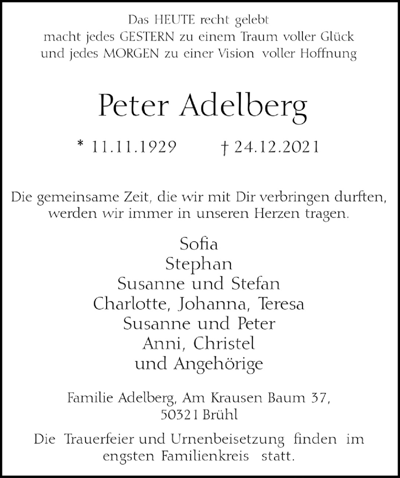  Traueranzeige für Peter Adelberg vom 07.01.2022 aus  Schlossbote/Werbekurier 