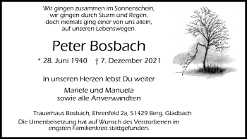 Anzeige von Peter Bosbach von Kölner Stadt-Anzeiger / Kölnische Rundschau / Express