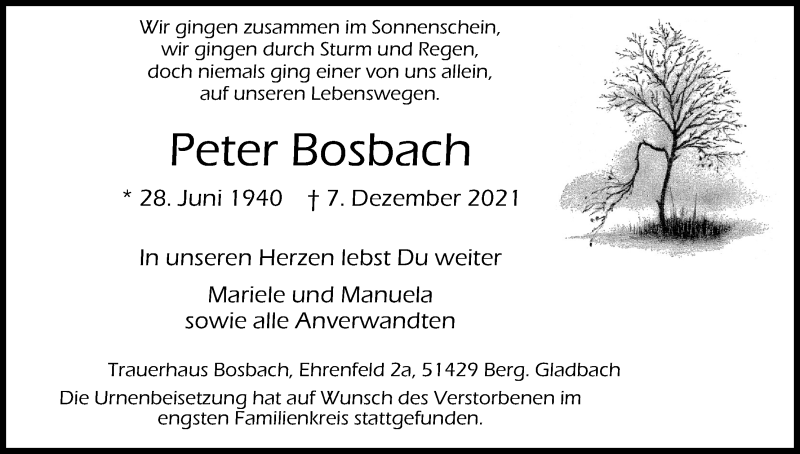  Traueranzeige für Peter Bosbach vom 08.01.2022 aus Kölner Stadt-Anzeiger / Kölnische Rundschau / Express
