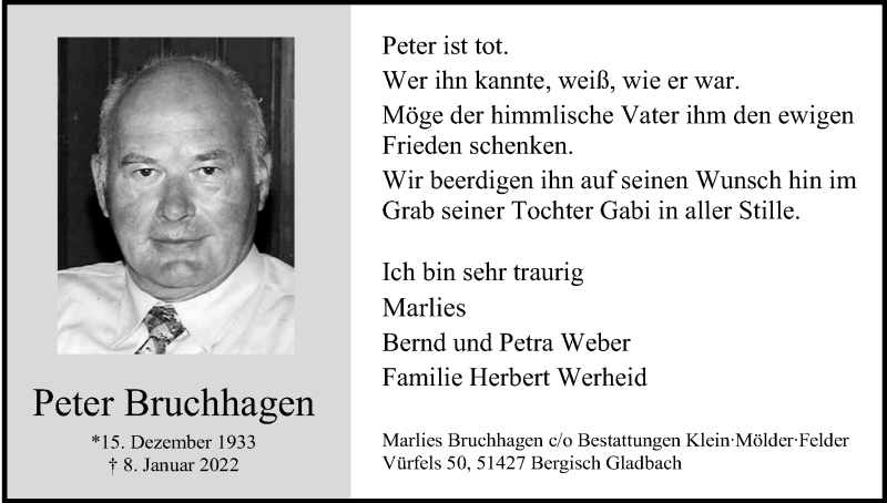  Traueranzeige für Peter Bruchhagen vom 15.01.2022 aus Kölner Stadt-Anzeiger / Kölnische Rundschau / Express