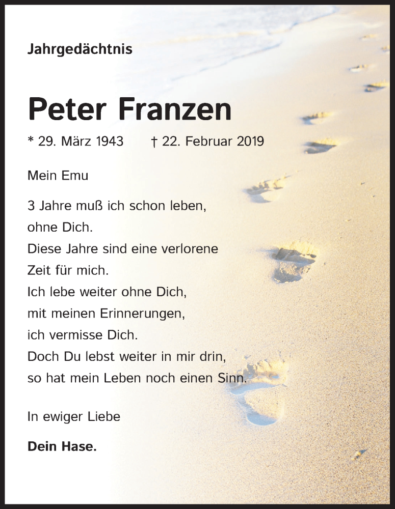  Traueranzeige für Peter Franzen vom 22.01.2022 aus Kölner Stadt-Anzeiger / Kölnische Rundschau / Express