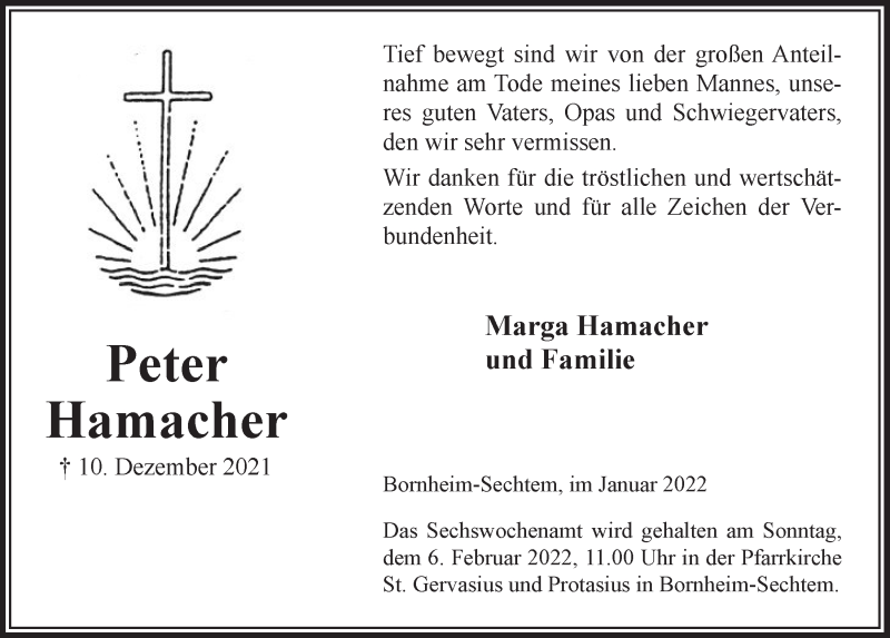  Traueranzeige für Peter Hamacher vom 28.01.2022 aus  Schaufenster/Blickpunkt  Schlossbote/Werbekurier 