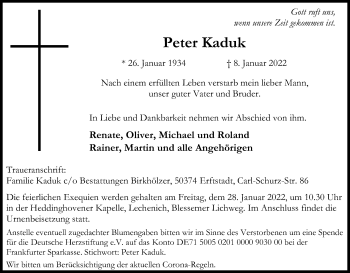Anzeige von Peter Kaduk von Kölner Stadt-Anzeiger / Kölnische Rundschau / Express