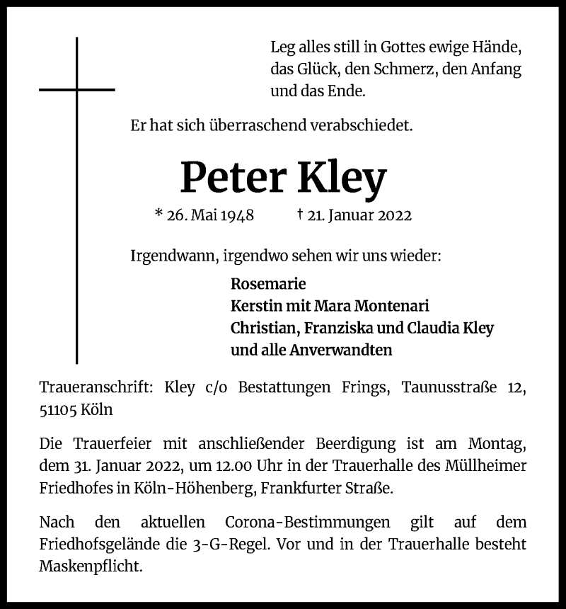  Traueranzeige für Peter Kley vom 29.01.2022 aus Kölner Stadt-Anzeiger / Kölnische Rundschau / Express