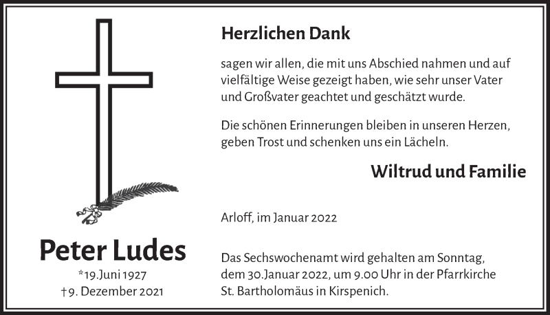  Traueranzeige für Peter Ludes vom 22.01.2022 aus  Blickpunkt Euskirchen 