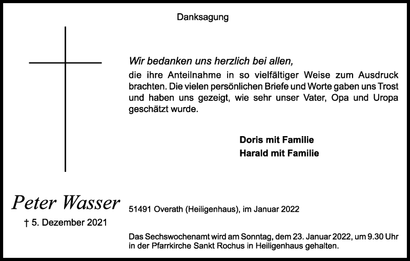  Traueranzeige für Peter Wasser vom 15.01.2022 aus Kölner Stadt-Anzeiger / Kölnische Rundschau / Express
