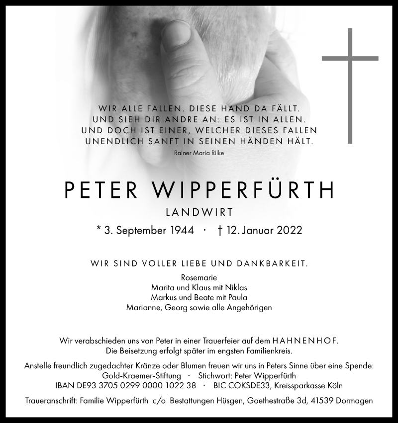  Traueranzeige für Peter Wipperfürth vom 22.01.2022 aus Kölner Stadt-Anzeiger / Kölnische Rundschau / Express