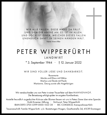 Anzeige von Peter Wipperfürth von  Wochenende  Werbepost 