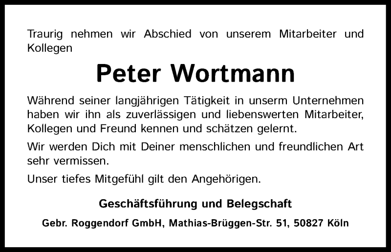  Traueranzeige für Peter Wortmann vom 29.01.2022 aus Kölner Stadt-Anzeiger / Kölnische Rundschau / Express