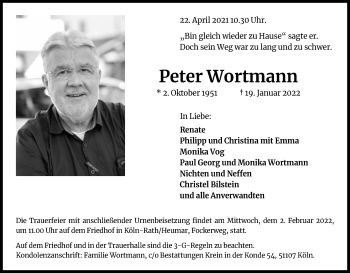 Anzeige von Peter Wortmann von Kölner Stadt-Anzeiger / Kölnische Rundschau / Express