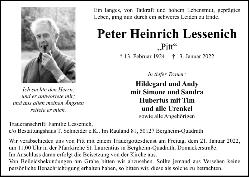  Traueranzeige für Peter Heinrich Lessenich vom 17.01.2022 aus Kölner Stadt-Anzeiger / Kölnische Rundschau / Express