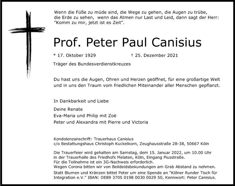  Traueranzeige für Peter Paul Canisius vom 08.01.2022 aus Kölner Stadt-Anzeiger / Kölnische Rundschau / Express
