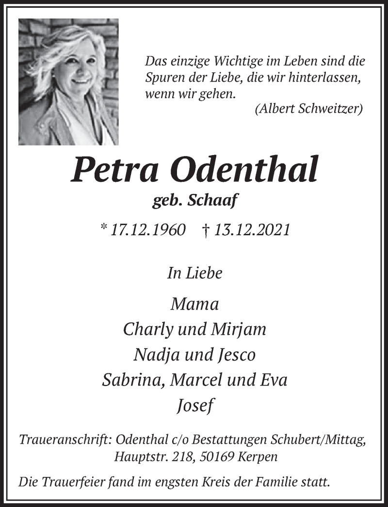  Traueranzeige für Petra Odenthal vom 28.01.2022 aus  Werbepost 