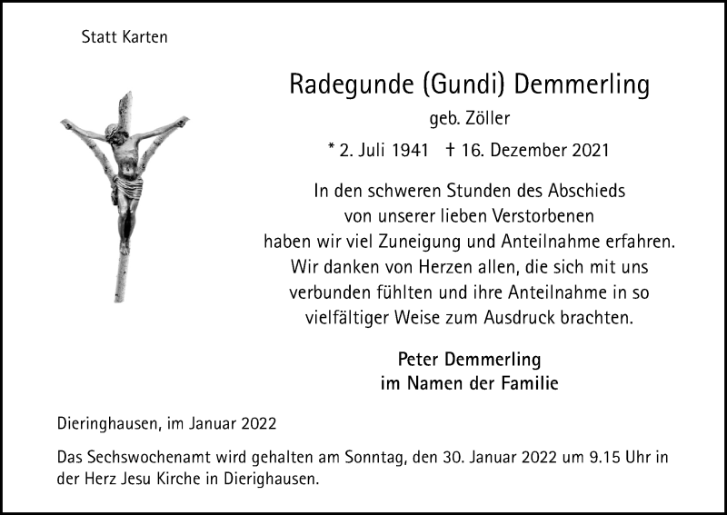  Traueranzeige für Radegunde Demmerling vom 29.01.2022 aus Kölner Stadt-Anzeiger / Kölnische Rundschau / Express