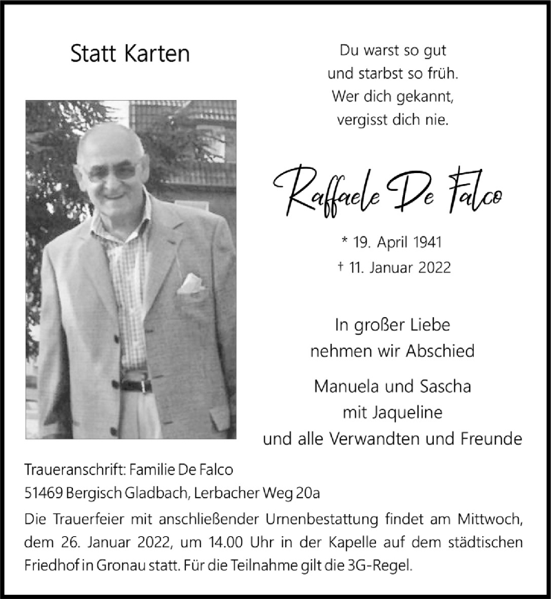  Traueranzeige für Raffaele De Falco vom 21.01.2022 aus  Bergisches Handelsblatt 