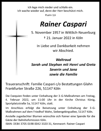 Anzeige von Rainer Caspari von  Kölner Wochenspiegel 