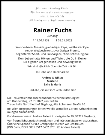 Anzeige von Rainer Fuchs von Kölner Stadt-Anzeiger / Kölnische Rundschau / Express