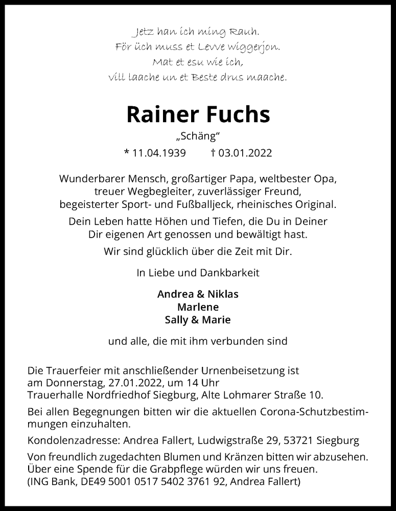  Traueranzeige für Rainer Fuchs vom 15.01.2022 aus Kölner Stadt-Anzeiger / Kölnische Rundschau / Express
