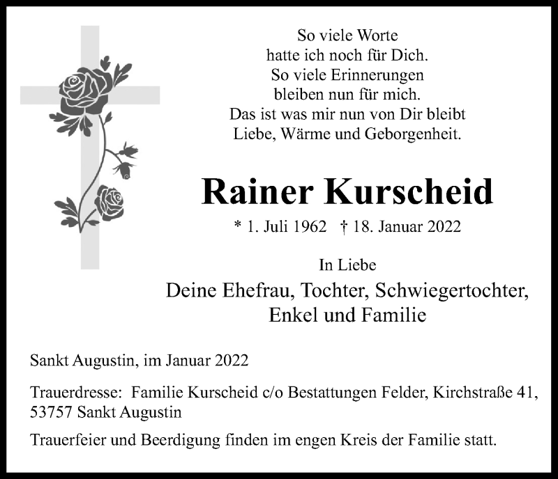  Traueranzeige für Rainer Kurscheid vom 22.01.2022 aus Kölner Stadt-Anzeiger / Kölnische Rundschau / Express