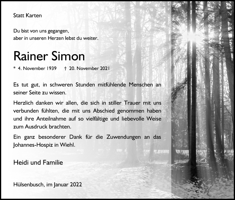  Traueranzeige für Rainer Simon vom 15.01.2022 aus Kölner Stadt-Anzeiger / Kölnische Rundschau / Express