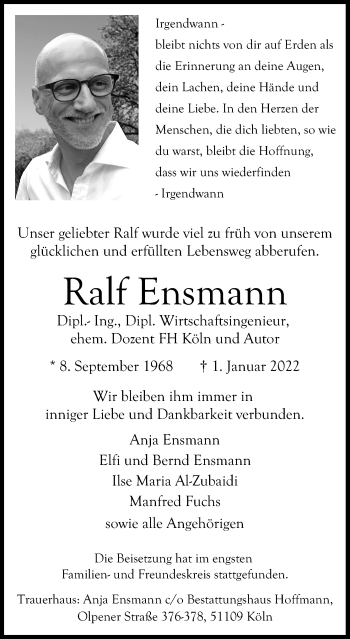 Anzeige von Ralf Ensmann von Kölner Stadt-Anzeiger / Kölnische Rundschau / Express