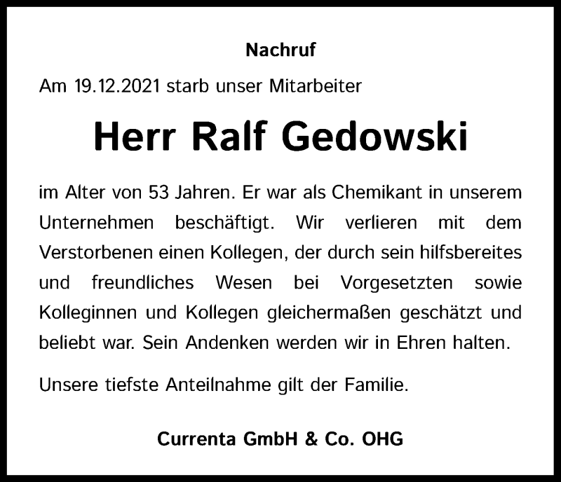  Traueranzeige für Ralf Gedowski vom 18.01.2022 aus Kölner Stadt-Anzeiger / Kölnische Rundschau / Express