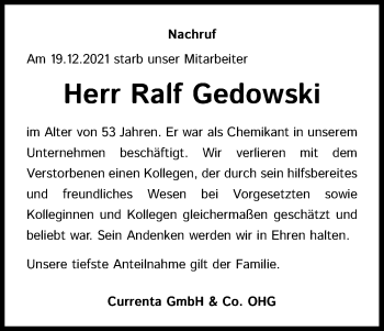 Anzeige von Ralf Gedowski von Kölner Stadt-Anzeiger / Kölnische Rundschau / Express