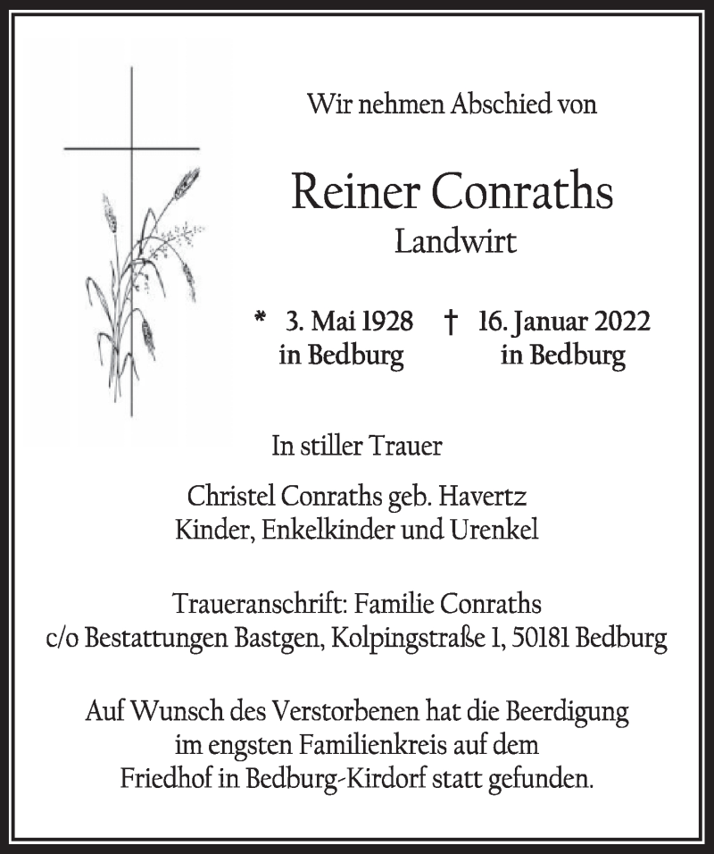  Traueranzeige für Reiner Conraths vom 28.01.2022 aus  Werbepost 